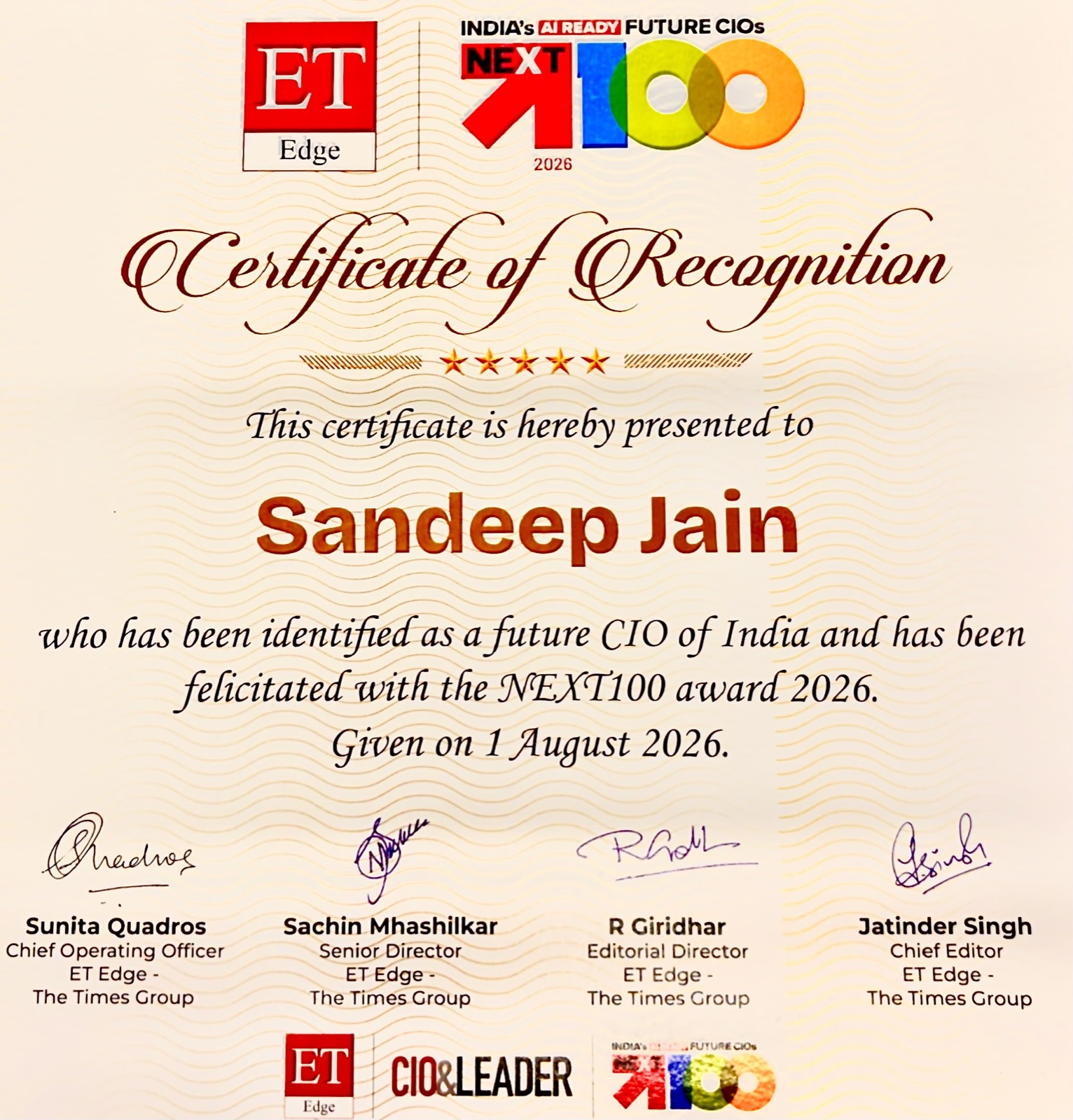 Certificate of Recognition, Next100 Future CIO of India 2026