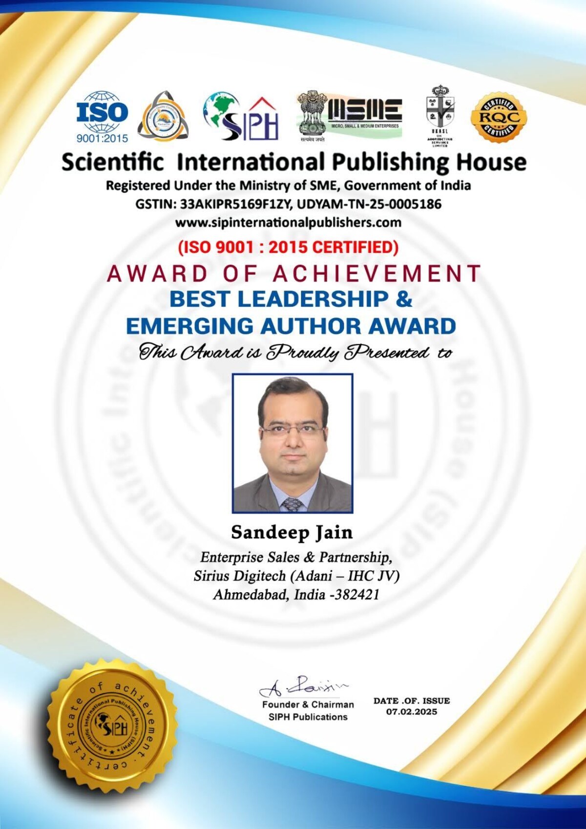 Best Leadership and Emerging Author Award certificate