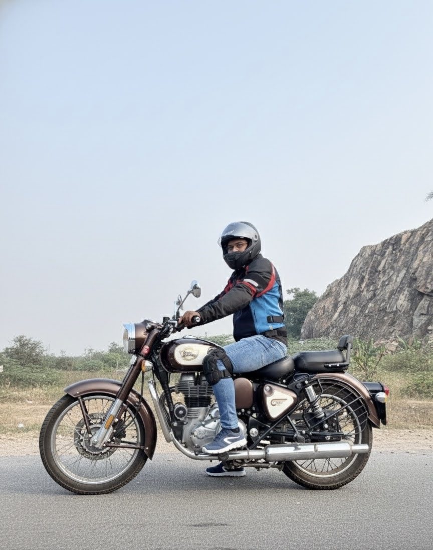 Sandeep Jain riding a Royal Enfield Classic motorcycle